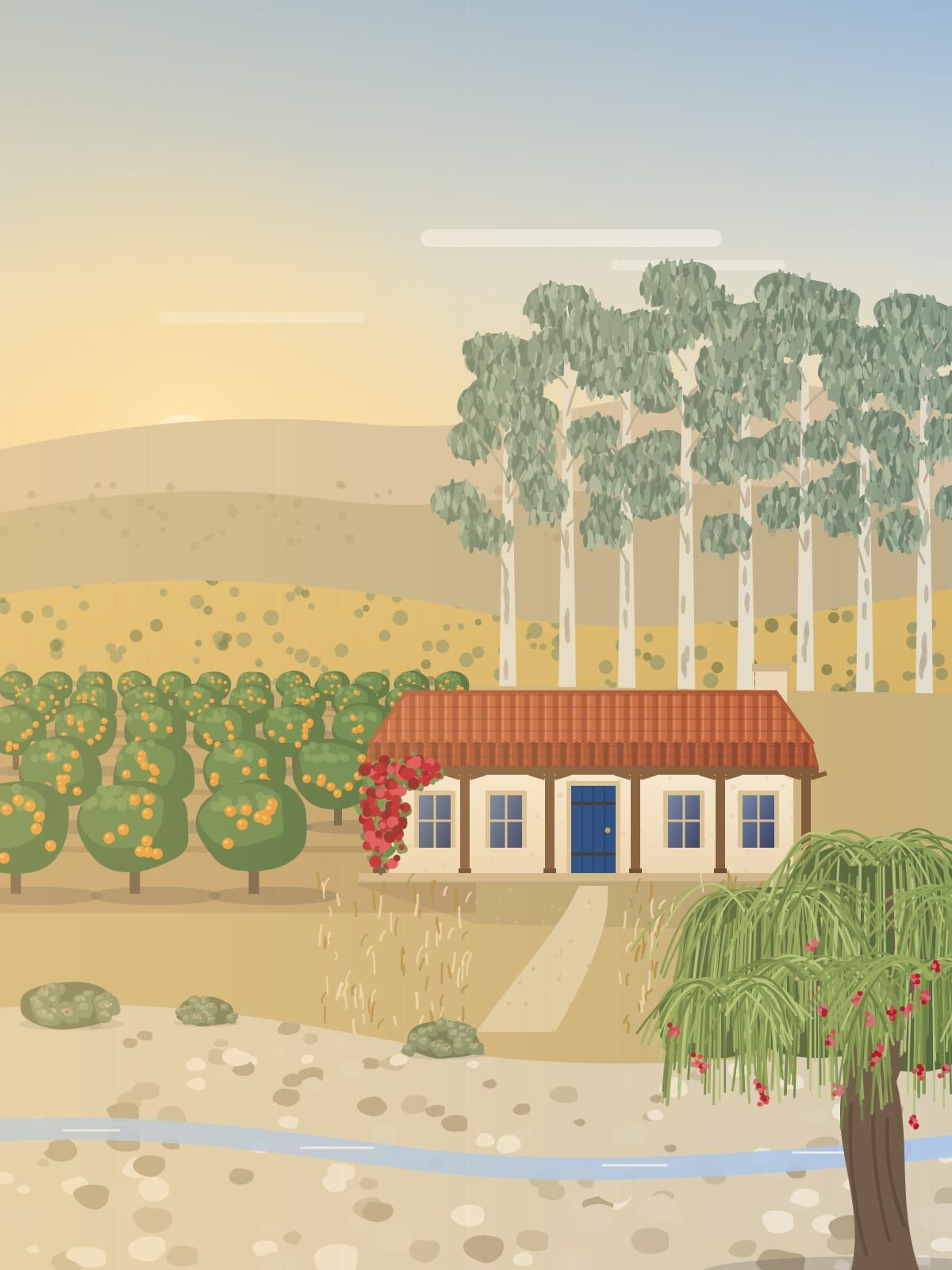 Illustration of an adobe ranch house with a tile roof and a long porch beside rows of orange trees, tall eucalyptus and a creek bed