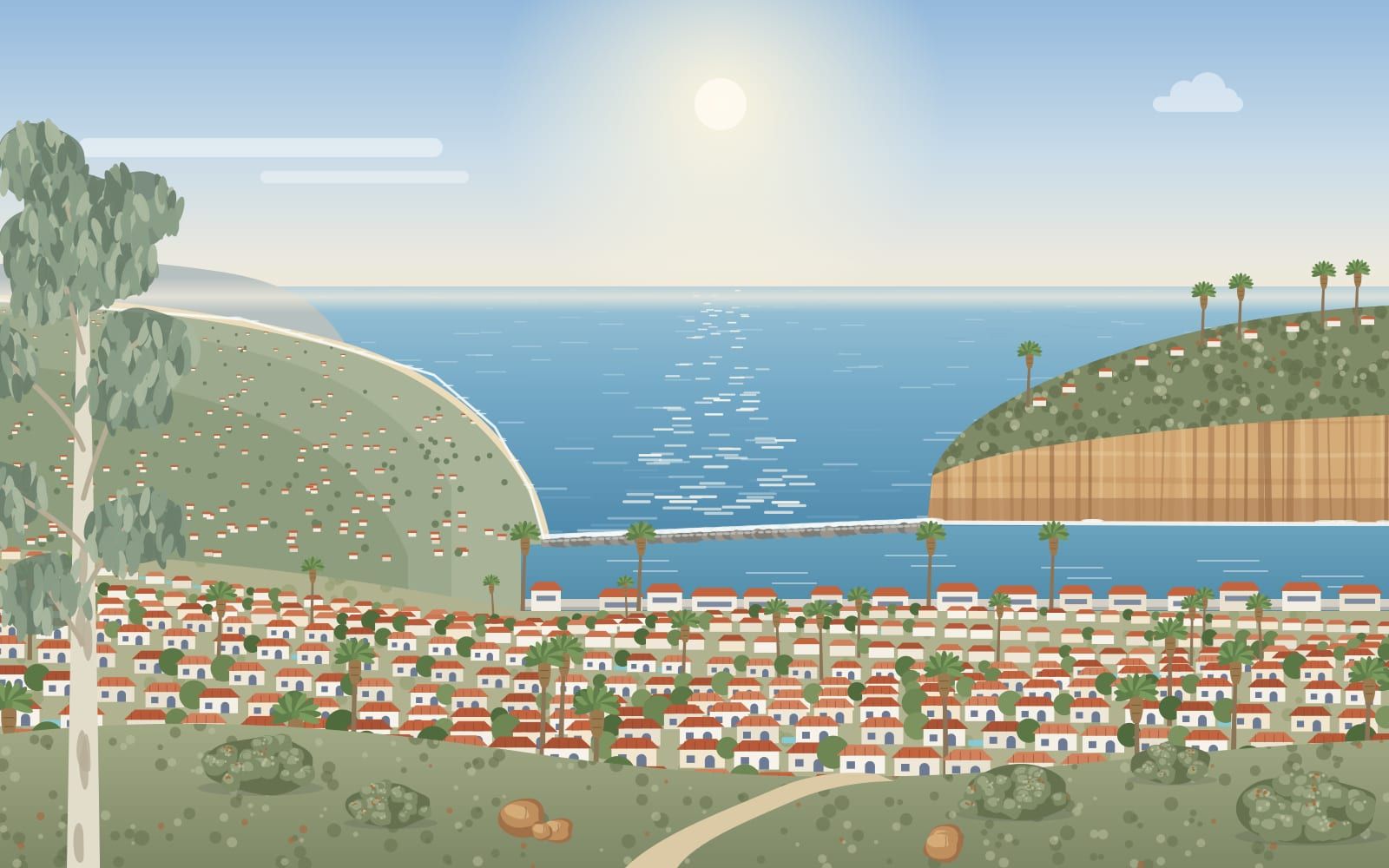 Illustration of white houses with red tile roofs stepping down a hillside to a harbor, its breakwater, the ocean and a sandstone headland