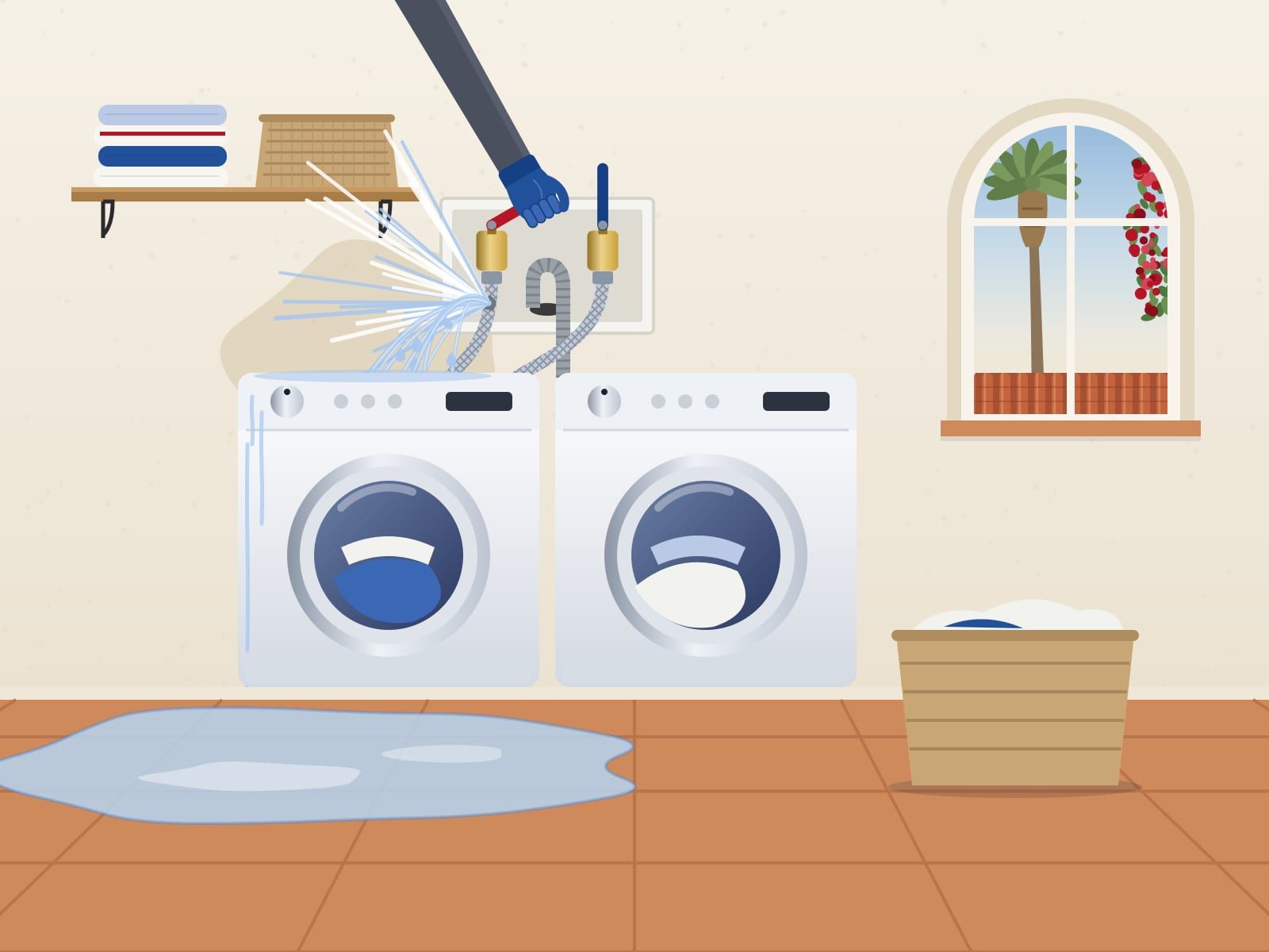 Illustration of a gloved hand closing a red-lever valve while a burst washer hose sprays water and a puddle spreads across the tile