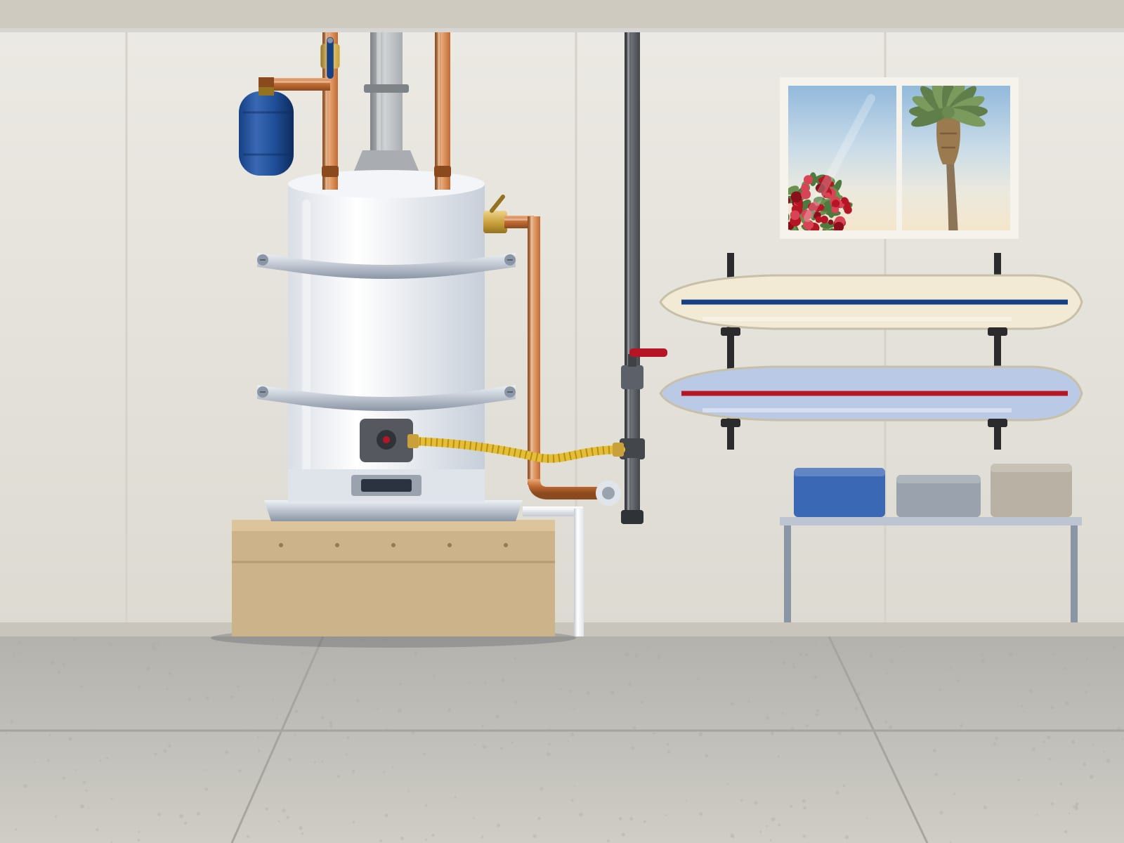 Illustration of a garage water heater on a stand in a drain pan, held by two straps, with a blue expansion tank and a yellow gas line