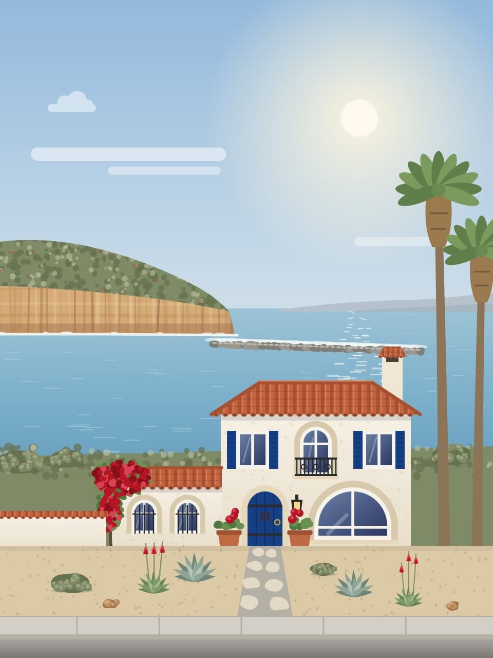 Illustration of a white Spanish-style house with a red tile roof and a blue door on a bluff, palms, the ocean and a headland behind