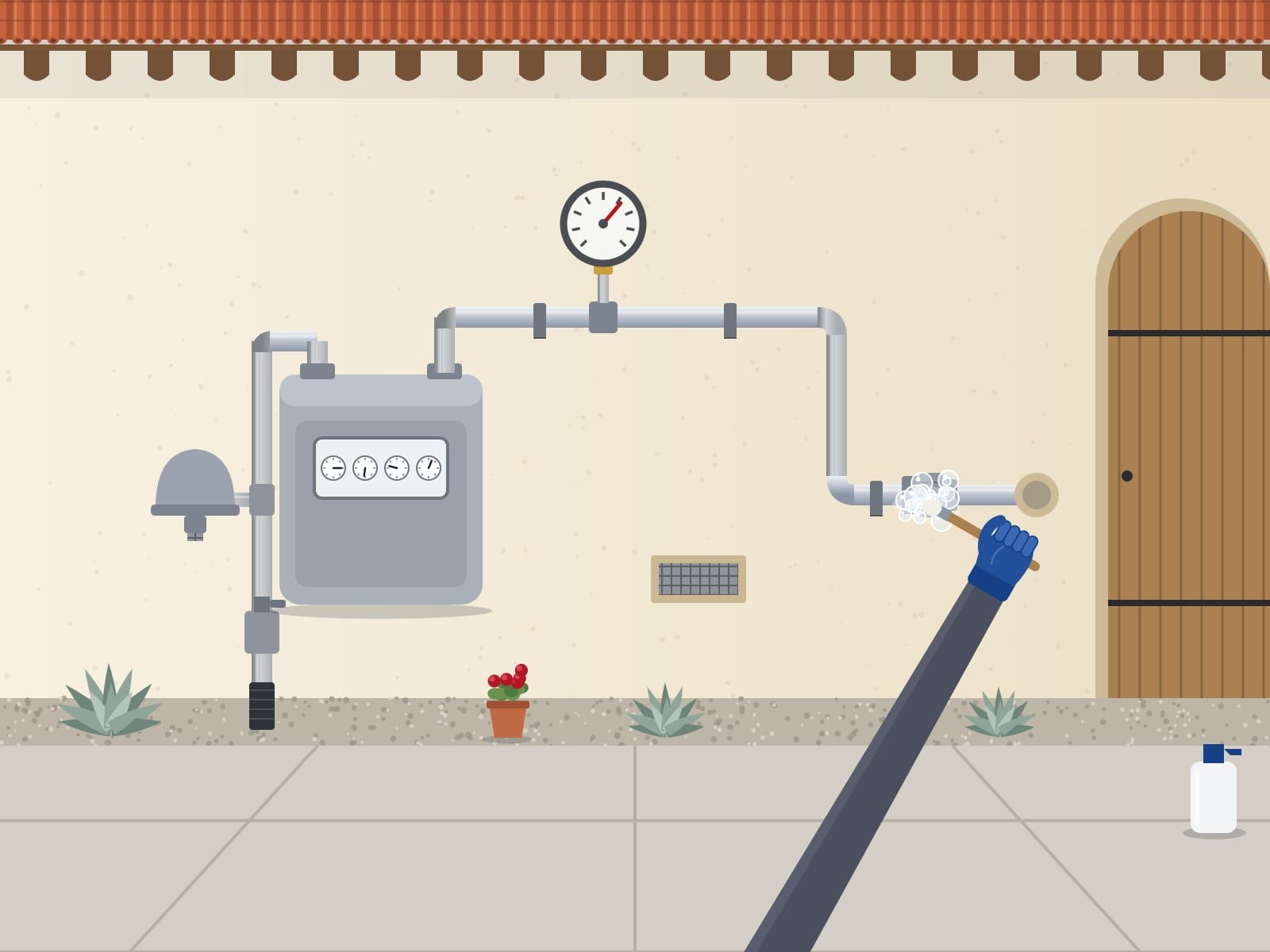 Illustration of a gas meter on a stucco wall, a test gauge on the line and a gloved hand brushing leak solution that bubbles at a union