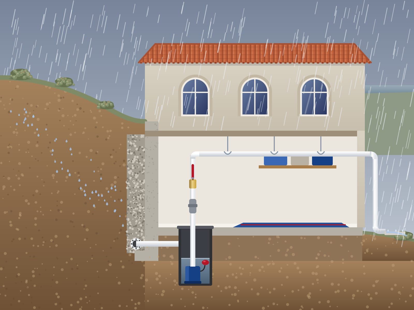 Illustration of a hillside house in the rain cut away, a drain behind its retaining wall feeding a sump pump in the floor
