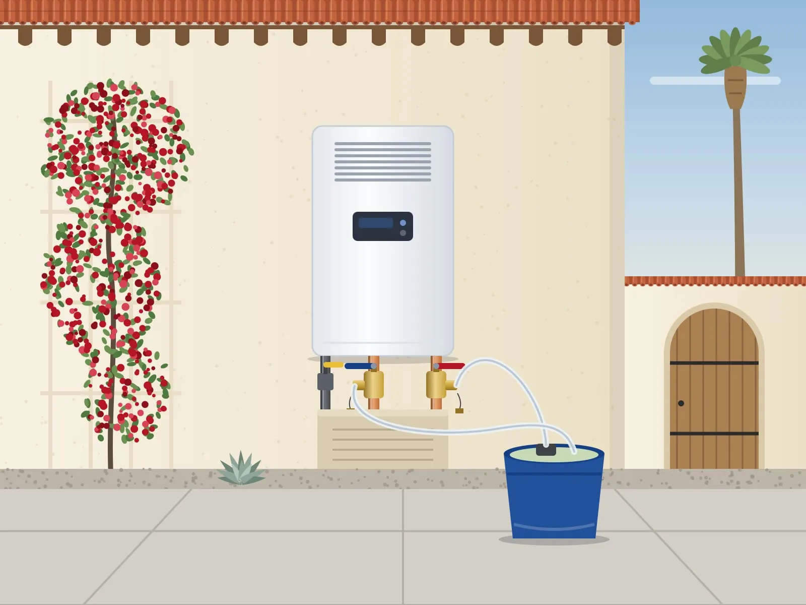 Illustration of an outdoor tankless water heater on a stucco wall, hoses running from a blue bucket to its service valves