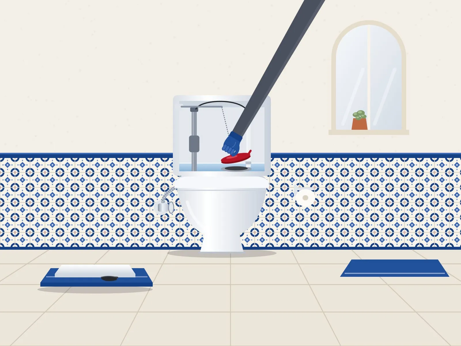Illustration of an open toilet tank and a gloved hand fitting a new red flapper, the tank lid set down on a blue towel